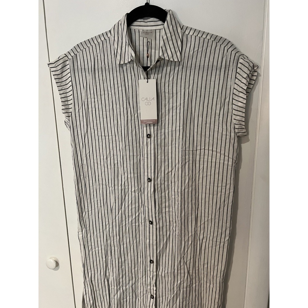 NWT CALIA Women's XS Extended Sleeve‎ Button Down Swim Cover Up Linen MSRP $88